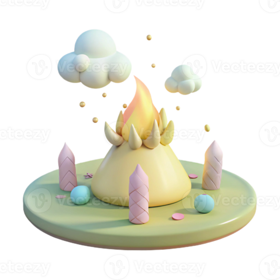 3D Rendered Scene with Fire, Clouds, and Colorful Objects png