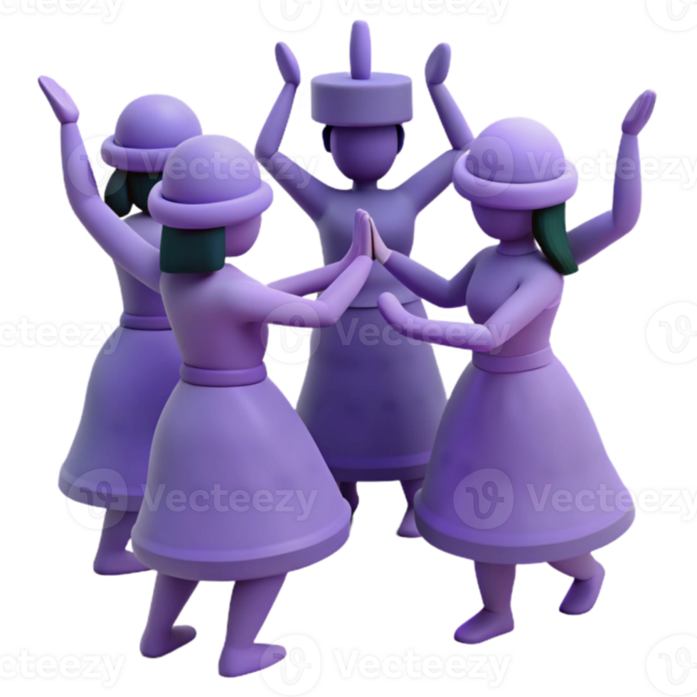Four 3D Characters in a Circle, Dancing and Celebrating png