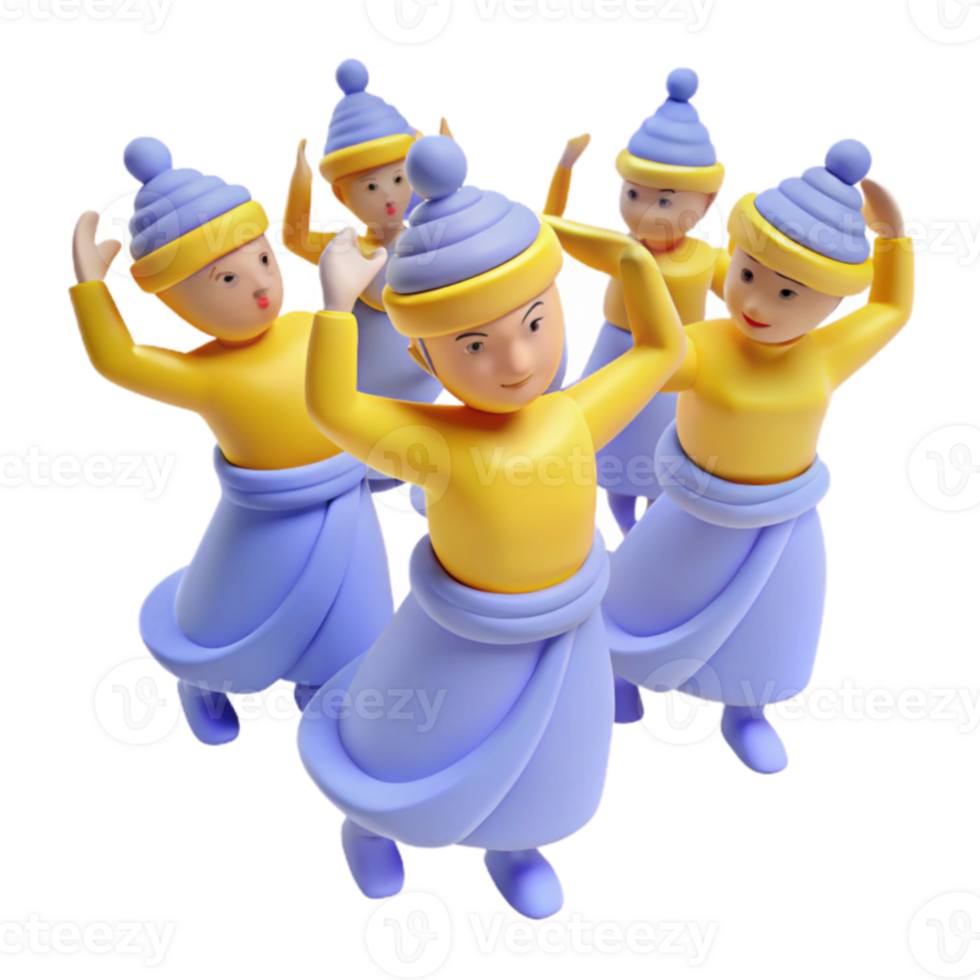 3D Cartoon Characters Dancing with Blue Skirts and Yellow Tops png