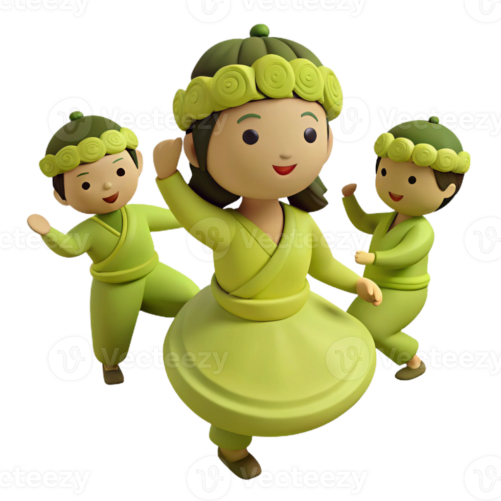Three Cartoon Characters in Traditional Green Outfits png