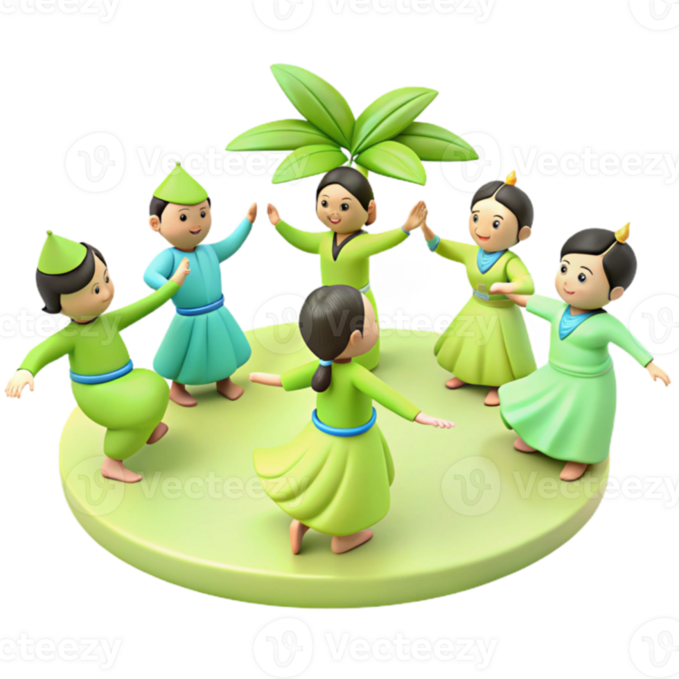 Children in Green and Blue Outfits Dancing Around a Tree png