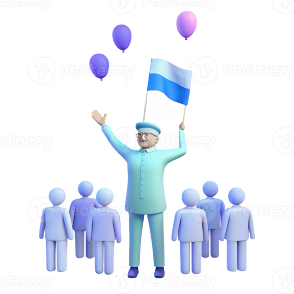 Cheerful Elderly Person Holding a Flag With Balloons and People Around png