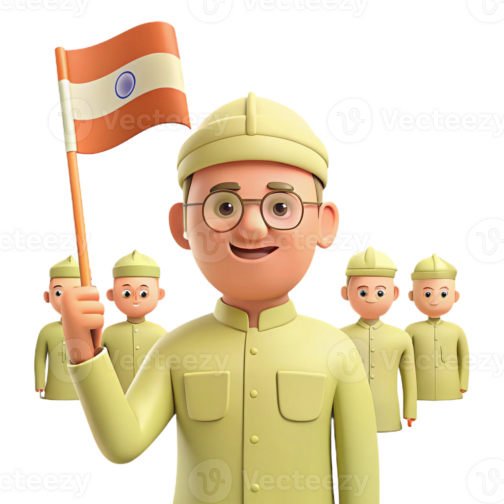 Smiling Cartoon Character Holding Flag with Three Other Cartoon Characters in the Background png