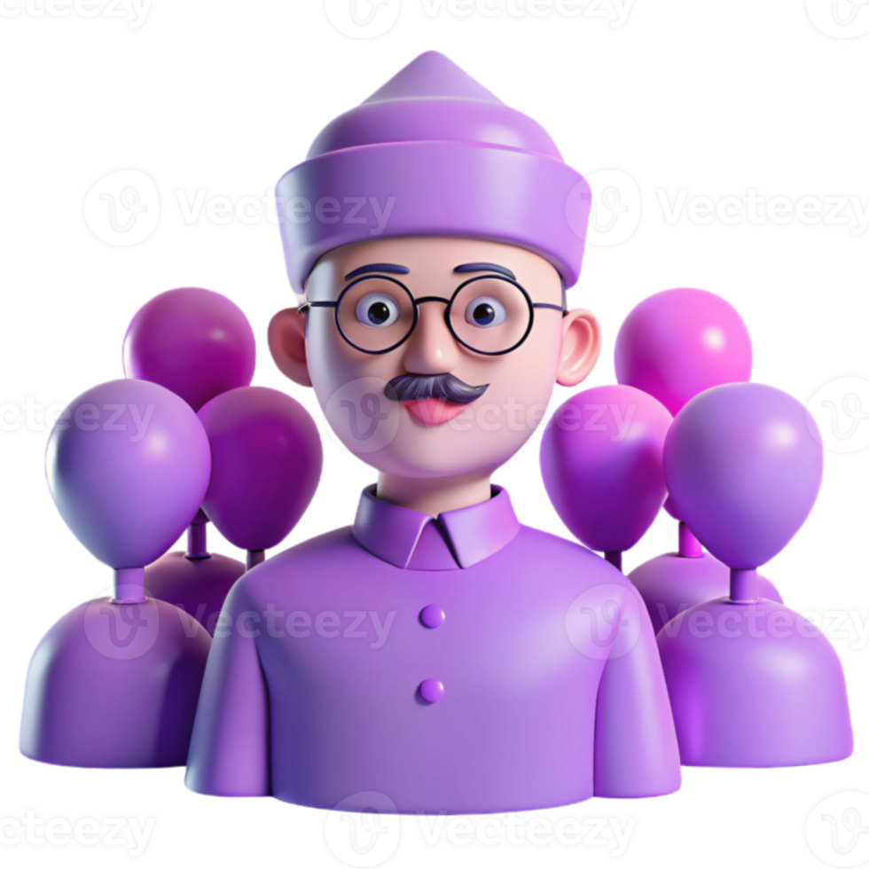 3D Cartoon Character With Mustache and Glasses Surrounded by Balloons png
