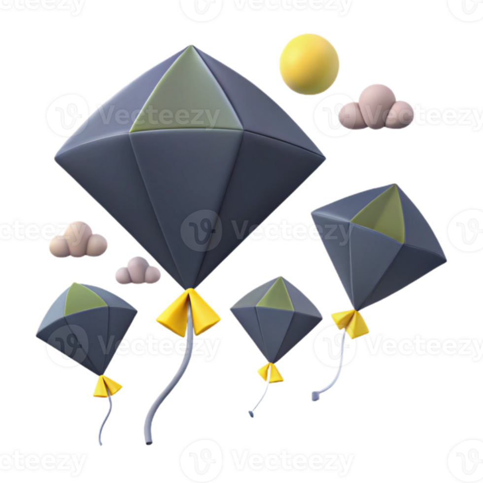 3D Rendered Kites Flying in the Sky with Clouds and Sun png
