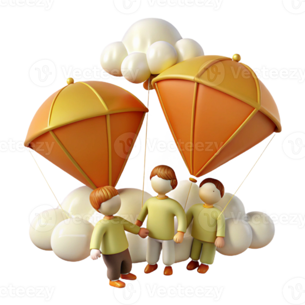 Three Cartoon Characters Holding Onto Parachutes png