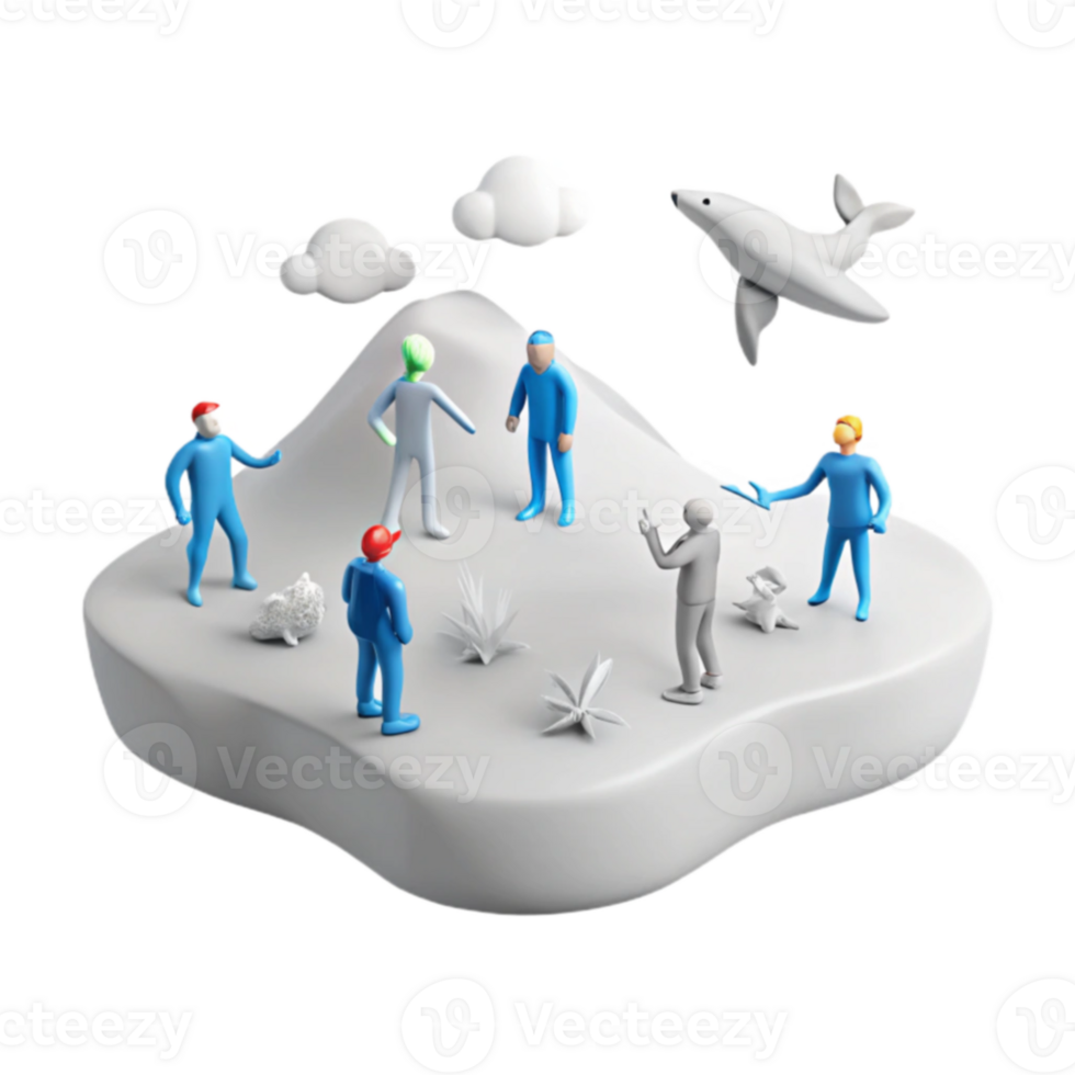 3D Render of Small Figures on an Island With a Plane Flying Overhead png