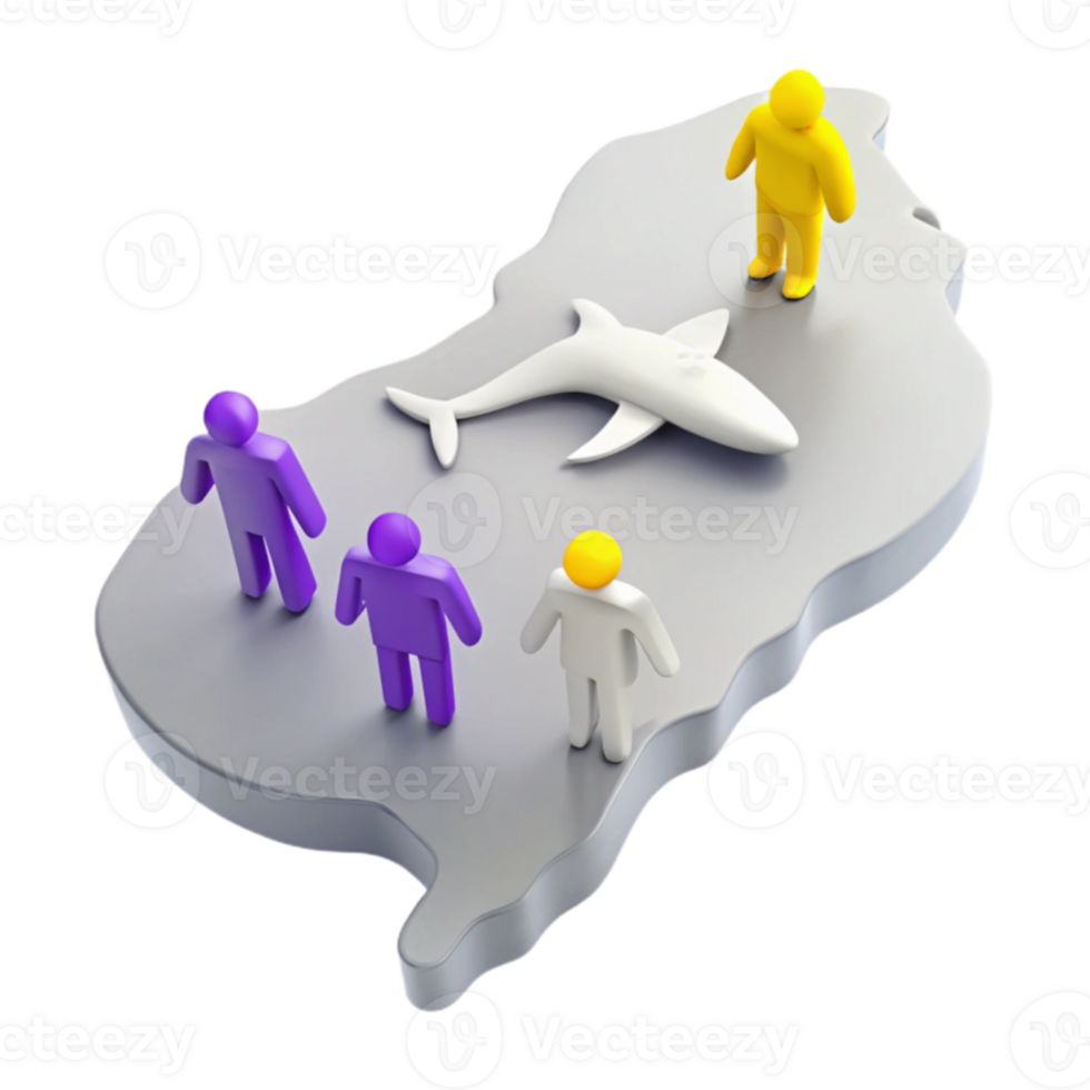 3D Illustration of People and a Fish on a Map png