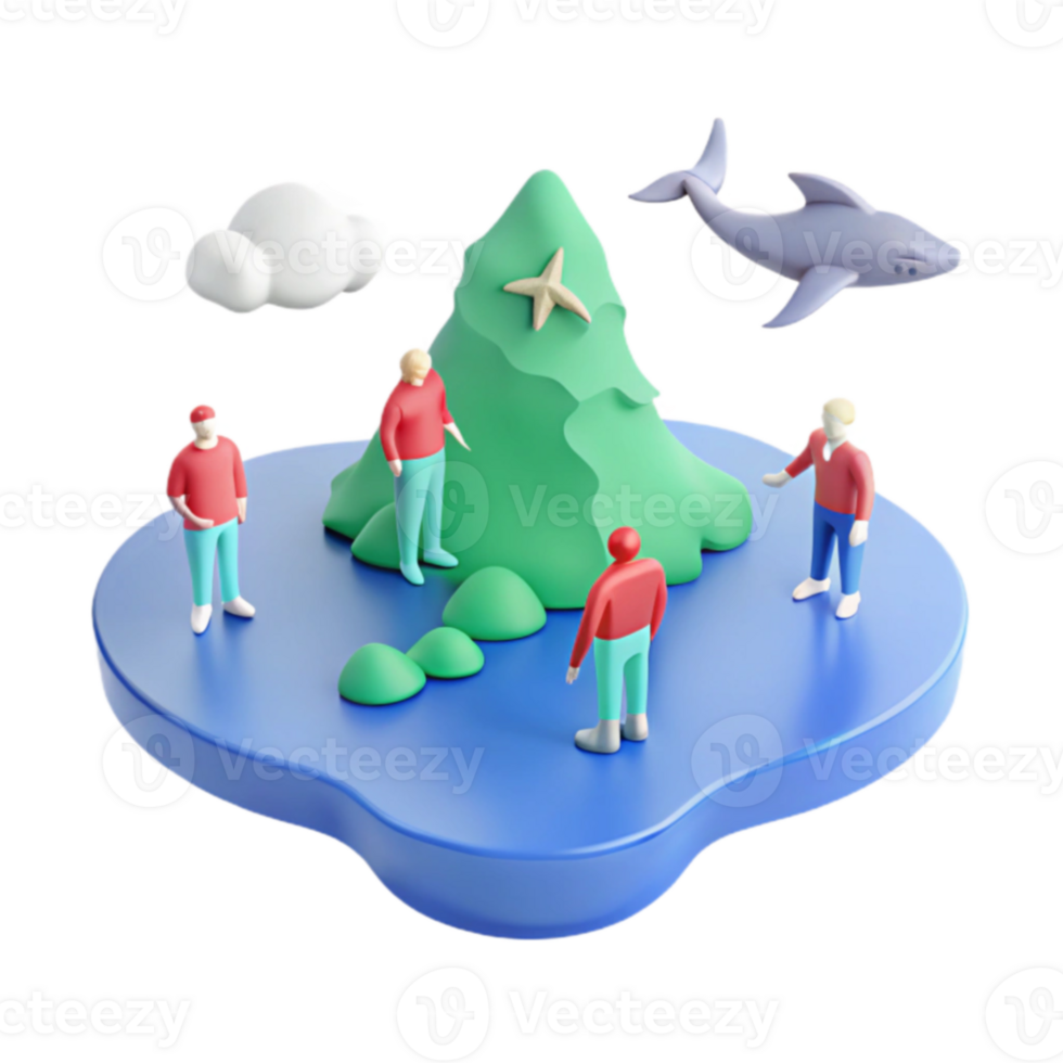 3D Illustration of a Small Island with People, Rocks, a Tree, and a Flying Fish png