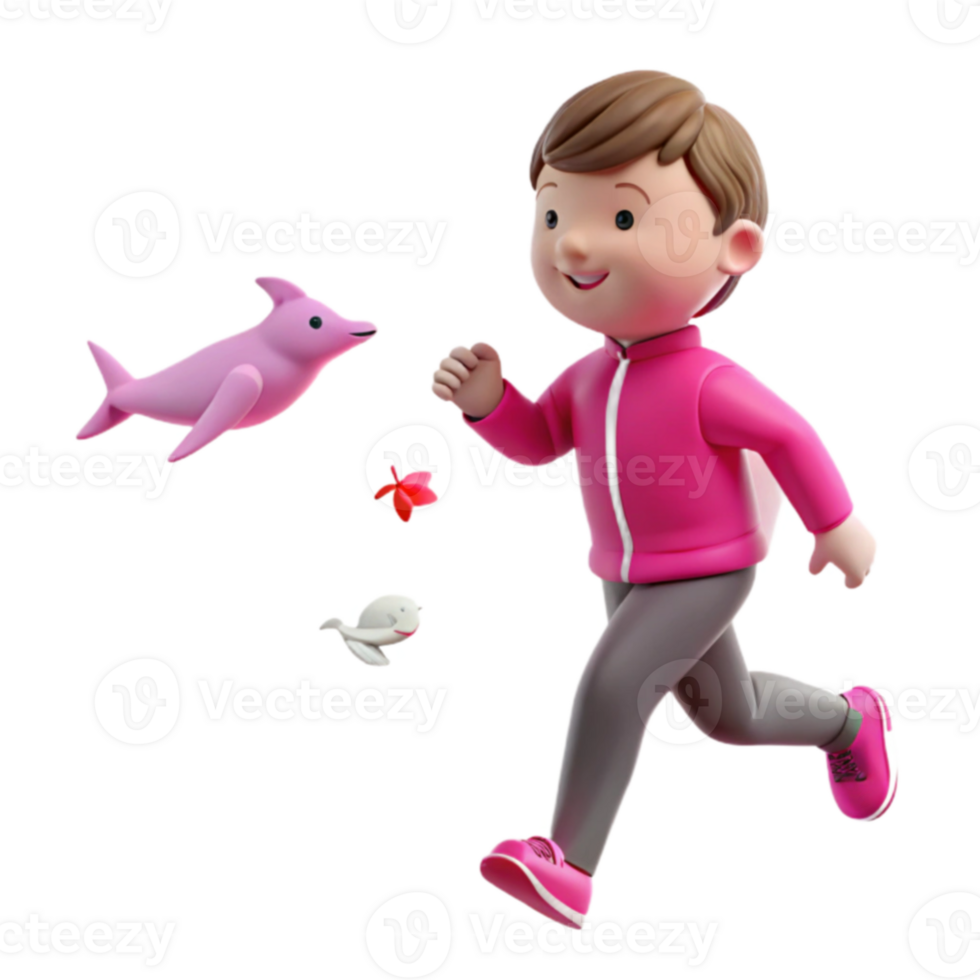 Smiling Character Running with Pink Dolphin and Fish png