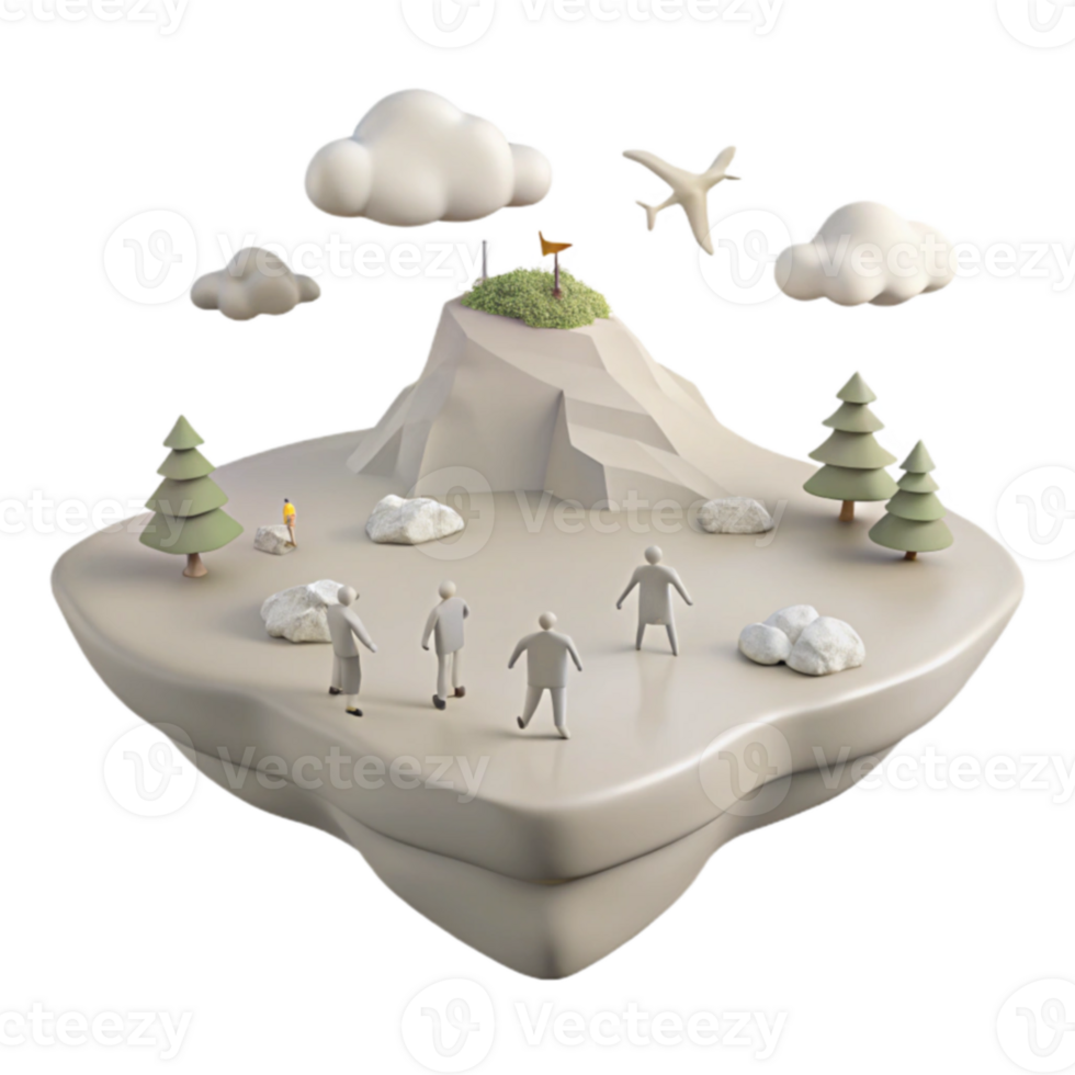 Tiny Figures Explore a Mountainous Island Landscape with Clouds and a Flying Airplane png