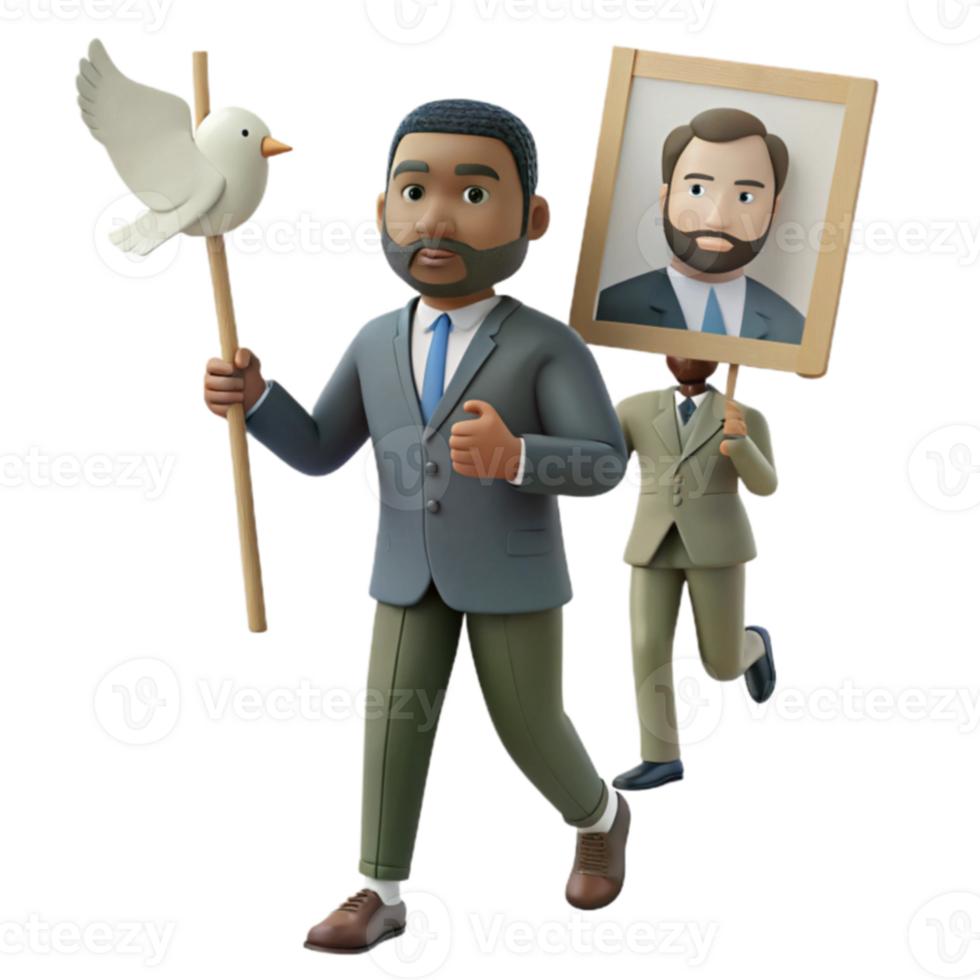Two Men Walking, One Holding a Dove, the Other Carrying a Portrait png