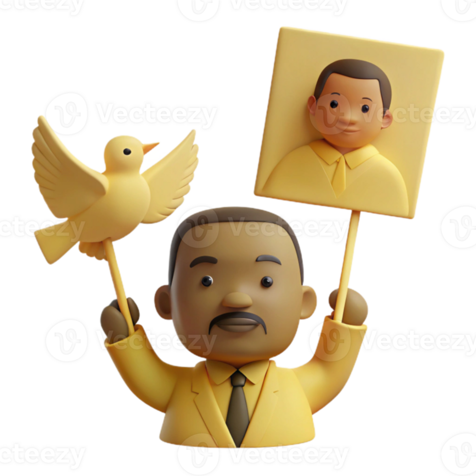 3D Cartoon Character Holding a Dove and a Picture of Himself png