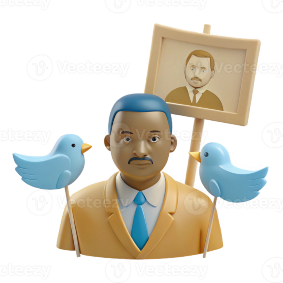 3D Illustration of a Man with a Blue Tie and Birds on Sticks png