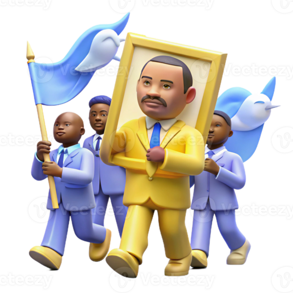 3D Cartoon Characters in a Parade Holding a Portrait png