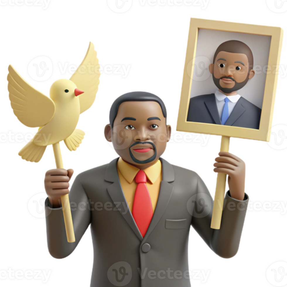 3D Illustration of Man Holding a Dove and a Framed Portrait png