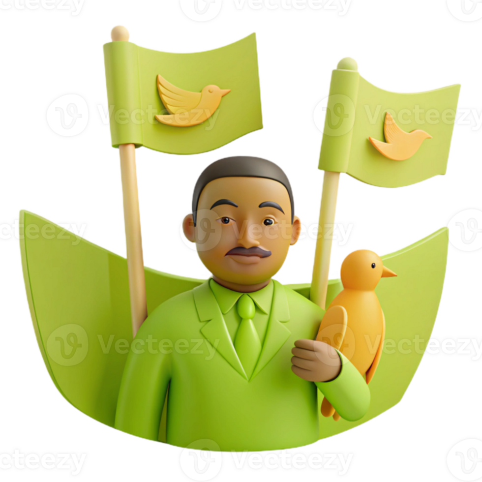 3D Illustration of a Man Holding a Bird with Flags of Peace png