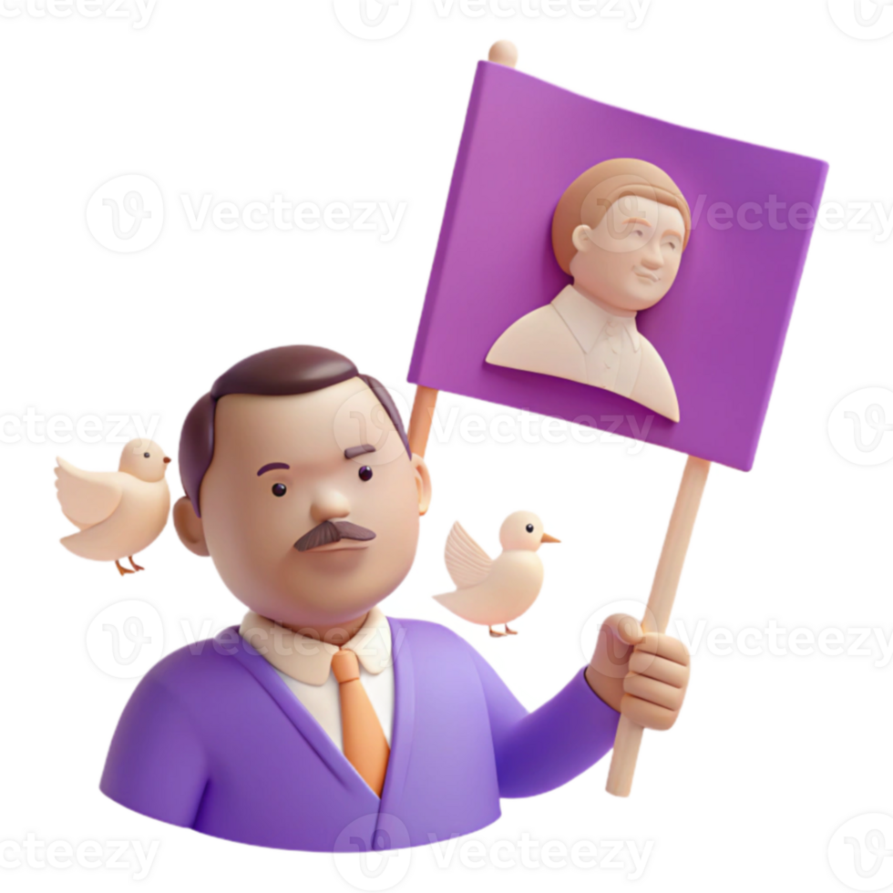 3D Illustration of a Man Holding a Flag with a Portrait and Doves png
