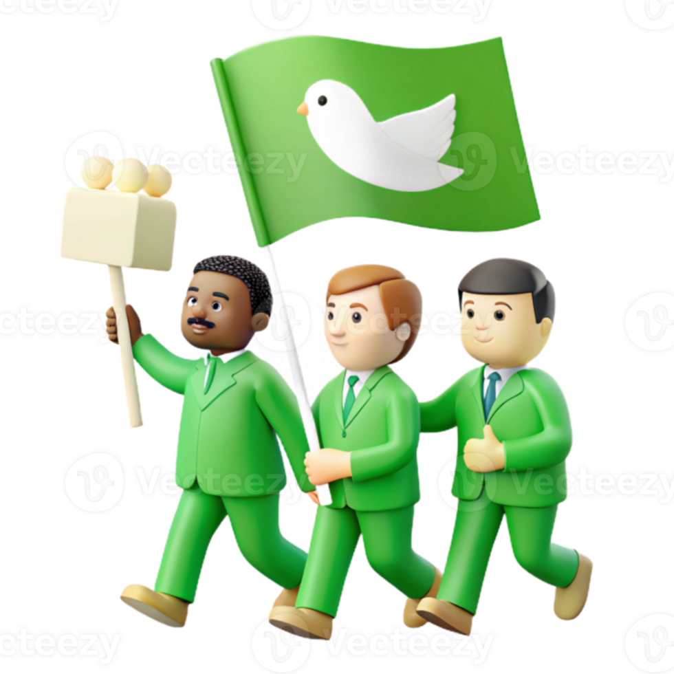 Three Cartoon Characters Walking in Green Suits, Holding a Peace Dove Flag and a White Sign png