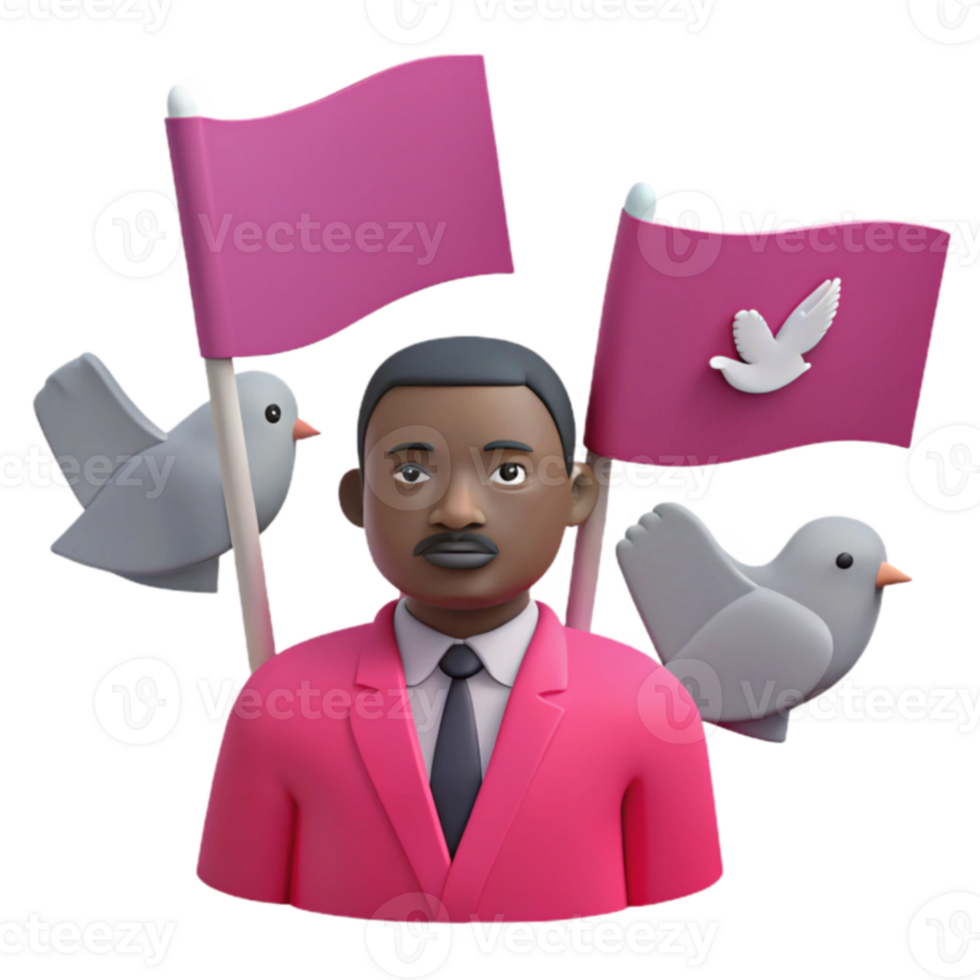 3D Render of a Man in a Pink Suit with Flags and Doves png