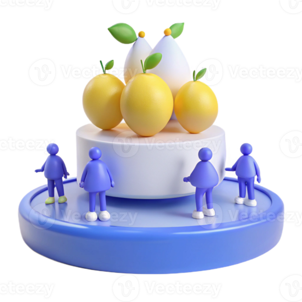3D Render of Four Blue Figures Surrounding a Platform with Fruit png