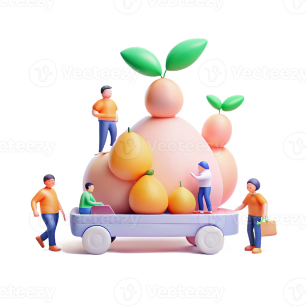 Cartoon People Transporting a Large Pile of Fruit on a Wagon png