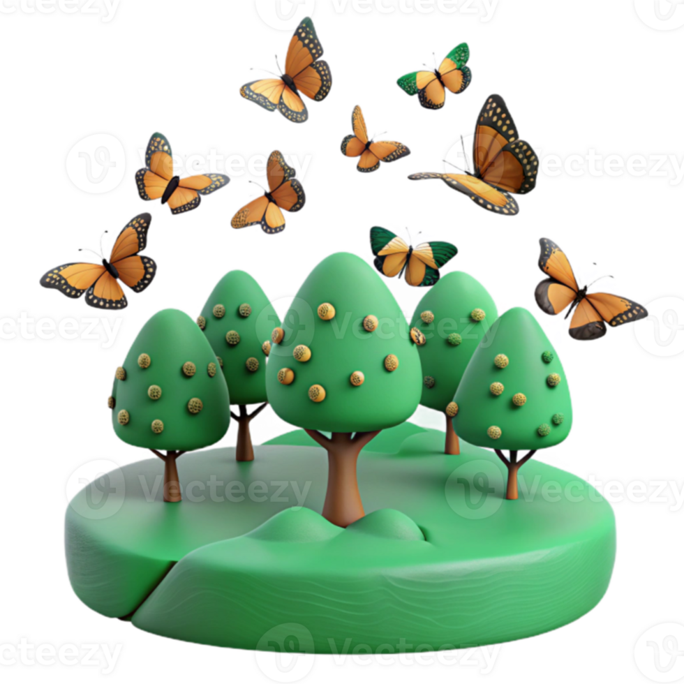 3D Illustration of a Green Forest with Butterflies png