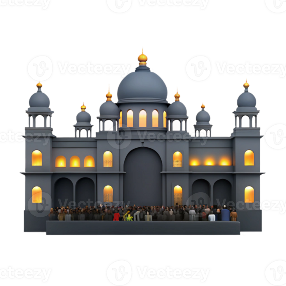 Mosque with Golden Domes and People Gathering png