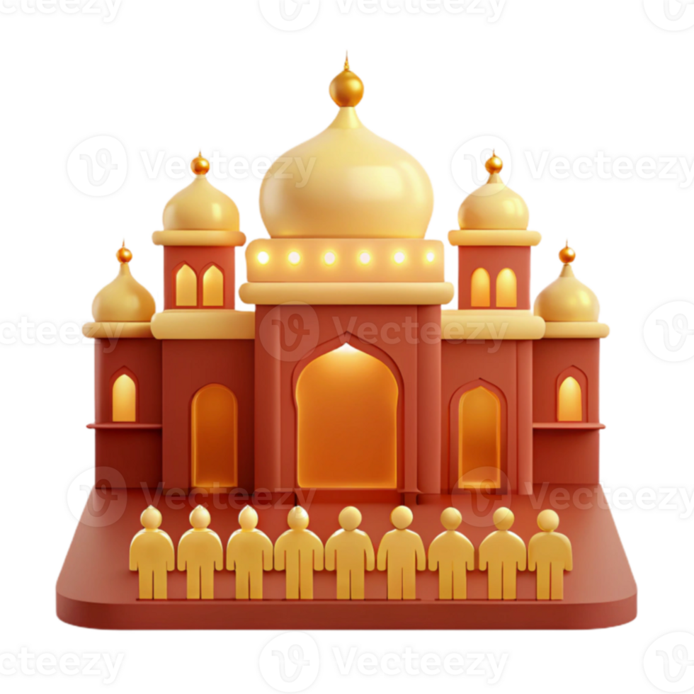 3D Illustration of a Golden Mosque with People Gathering png