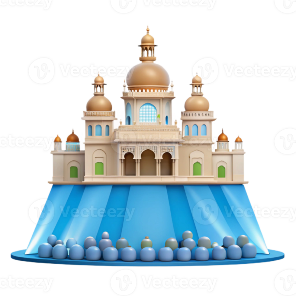 3D Render of an Ornate Palace with a Blue Platform and Round Objects png