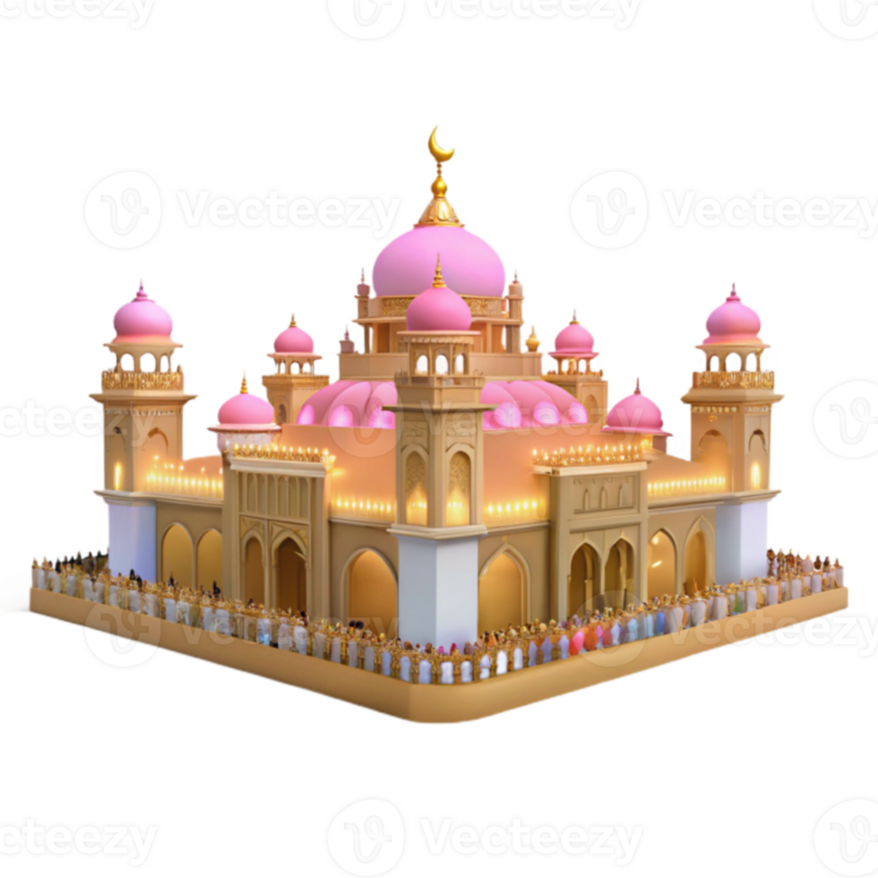 Illuminated Mosque with Pink Domes and Minarets png
