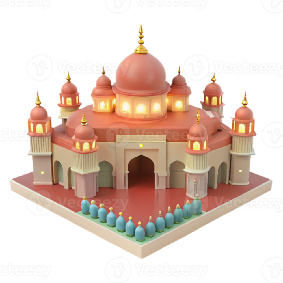 3D Illustration of a Mosque with a Row of People Praying png