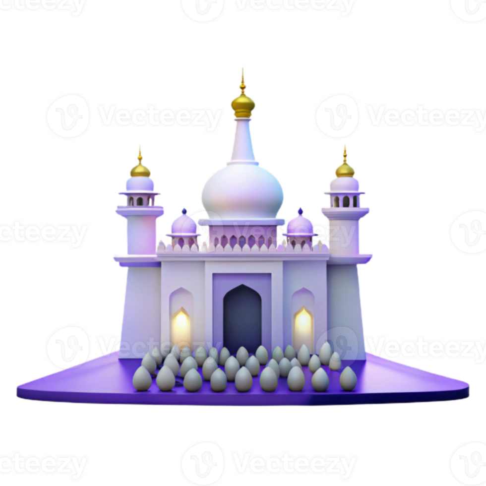3D Render of a Mosque with Golden Domes and Minarets png