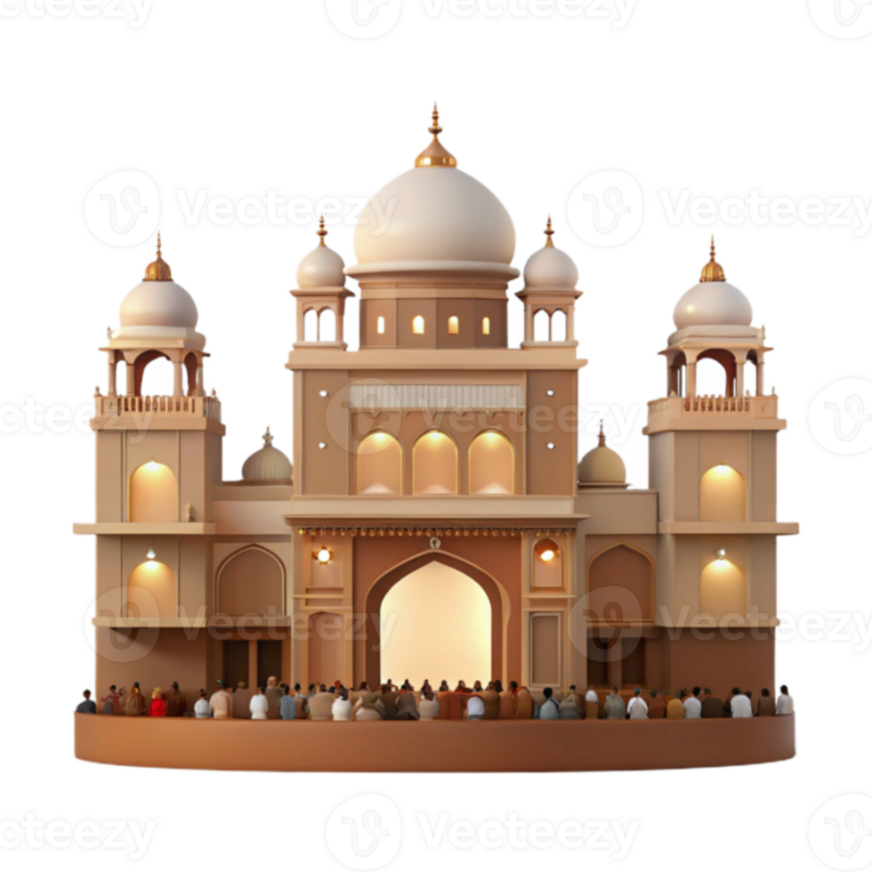 Islamic Architecture A Detailed View of a Mosque with Minarets and a Large Gathering of People png