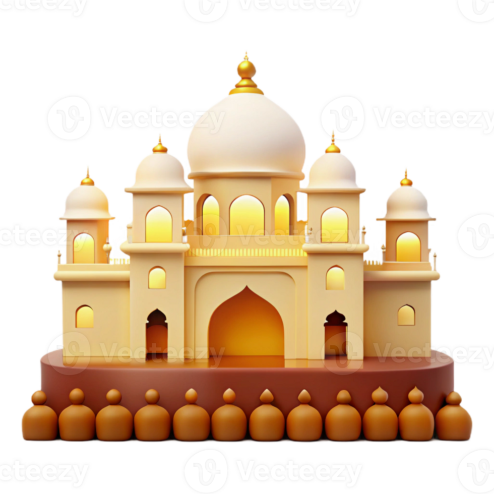 3D Render of an Ornate Building with Golden Domes and Arches png