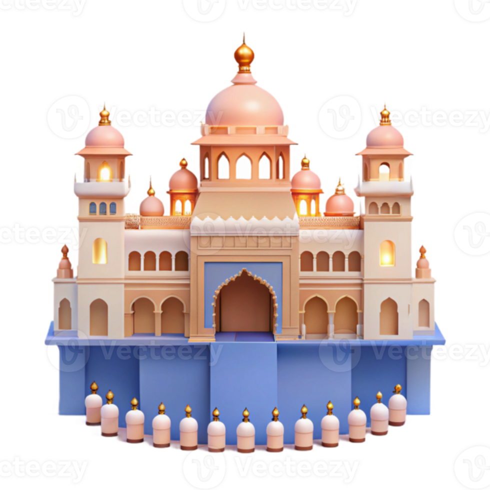 3D Render of an Ornate Palace with Golden Domes and a Blue Platform png