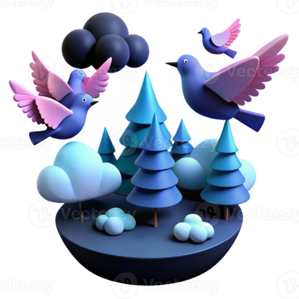 3D Rendered Scene of Birds Flying Over Trees and Clouds png