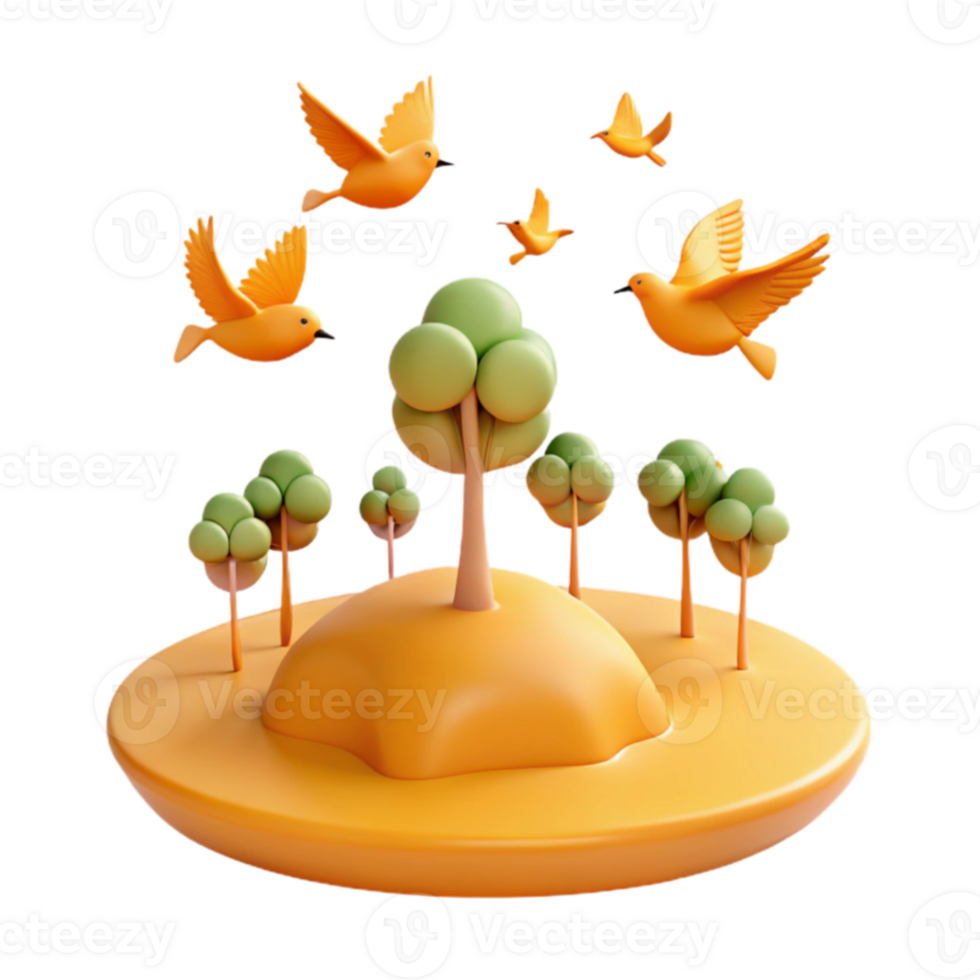 3D Render of Birds Flying Over a Small Island With Trees png