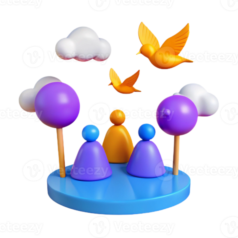 3D Illustration of a Community with Birds and Clouds png