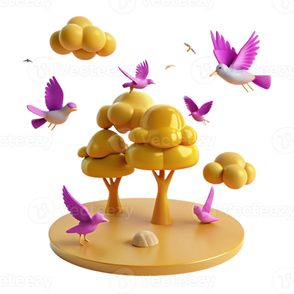 Cute 3D Illustration of Birds and Trees png