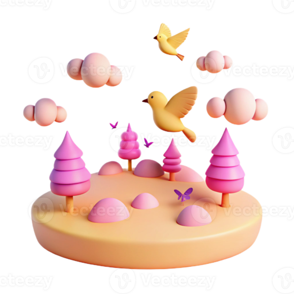 3D Render of a Cute Cartoon Landscape with Birds and Butterflies png