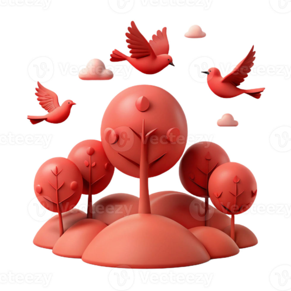 Red 3D Illustration of Birds Flying Over a Forest png