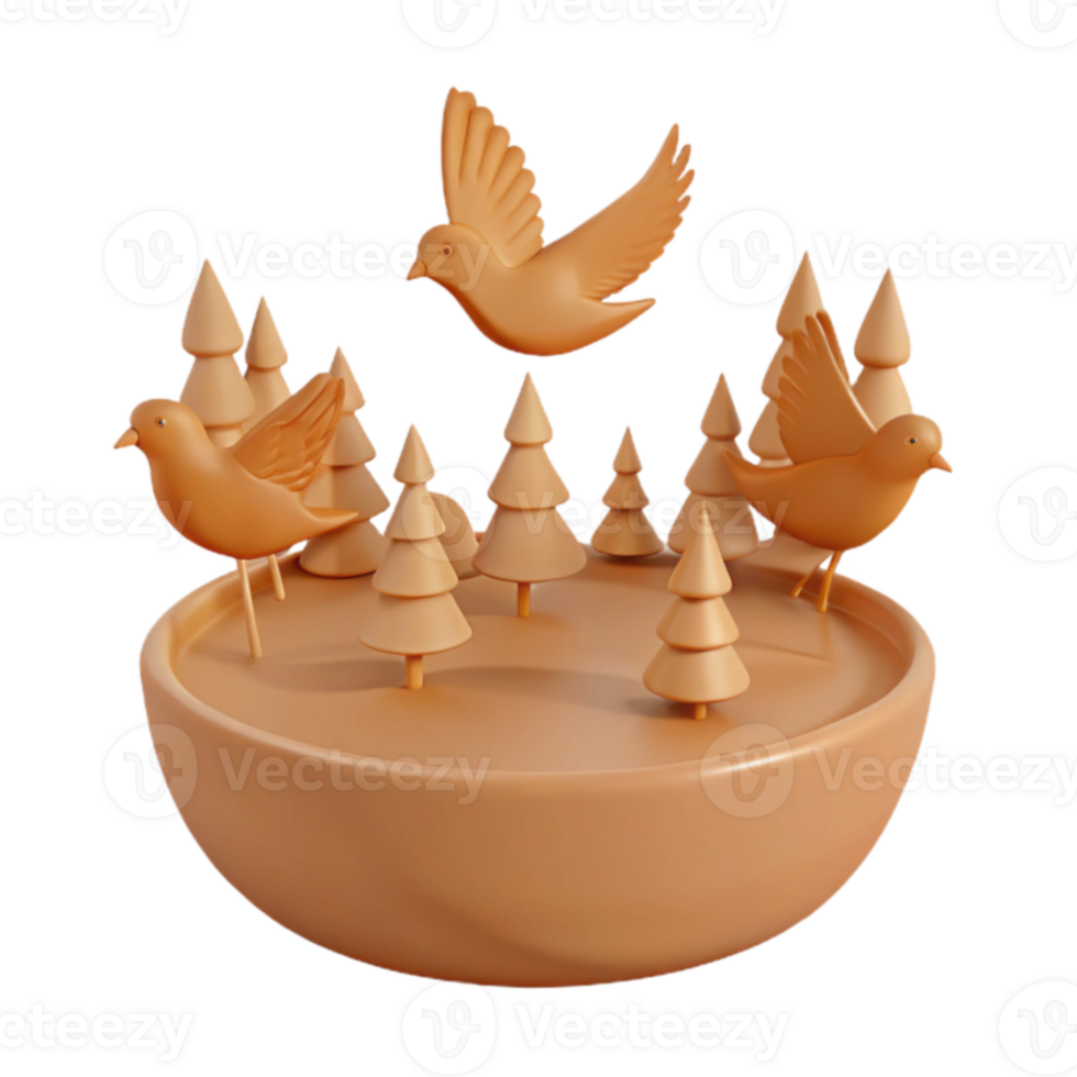 3D Rendered Illustration of Birds and Trees on a Circular Platform png