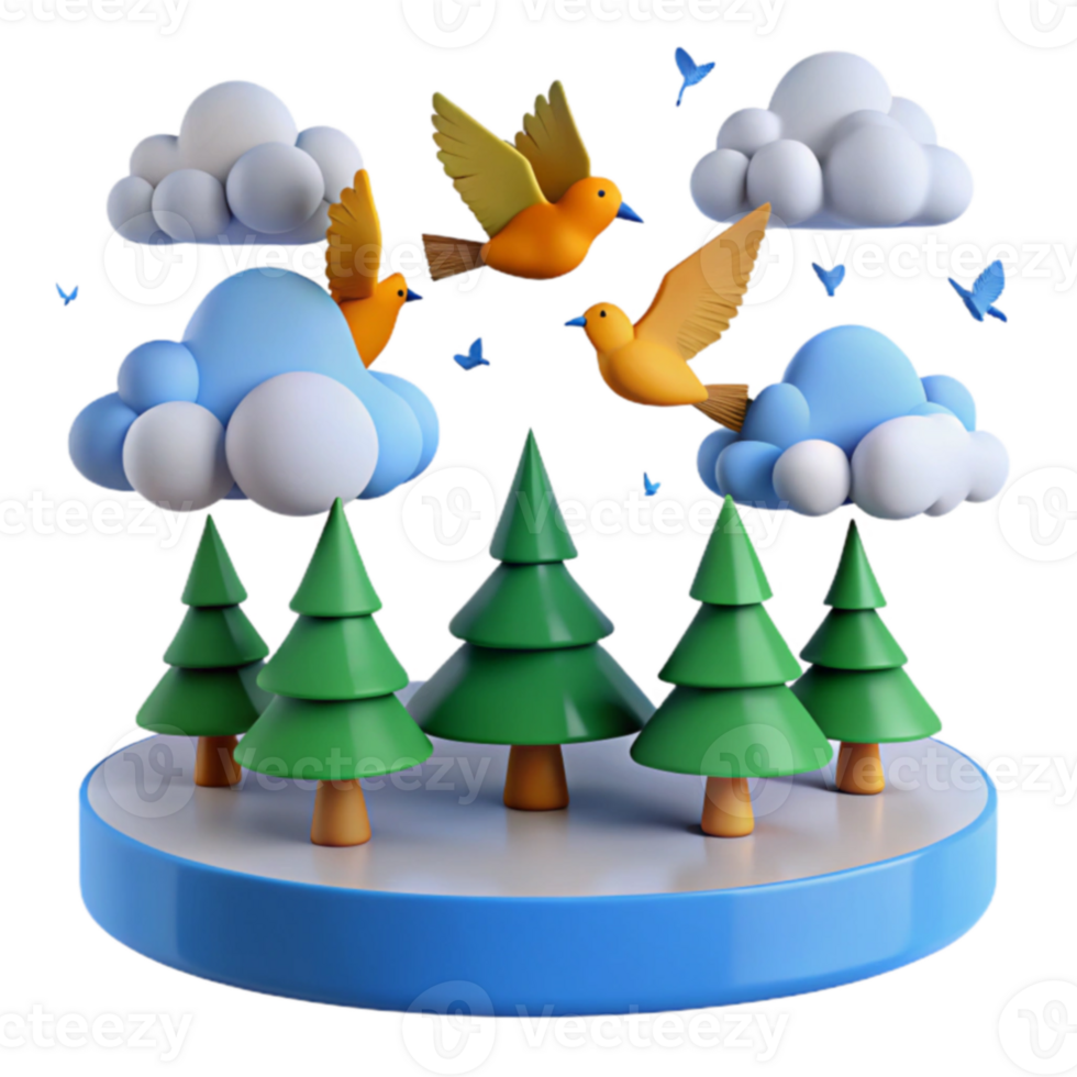 3D Rendered Illustration of Birds Flying in a Forest png
