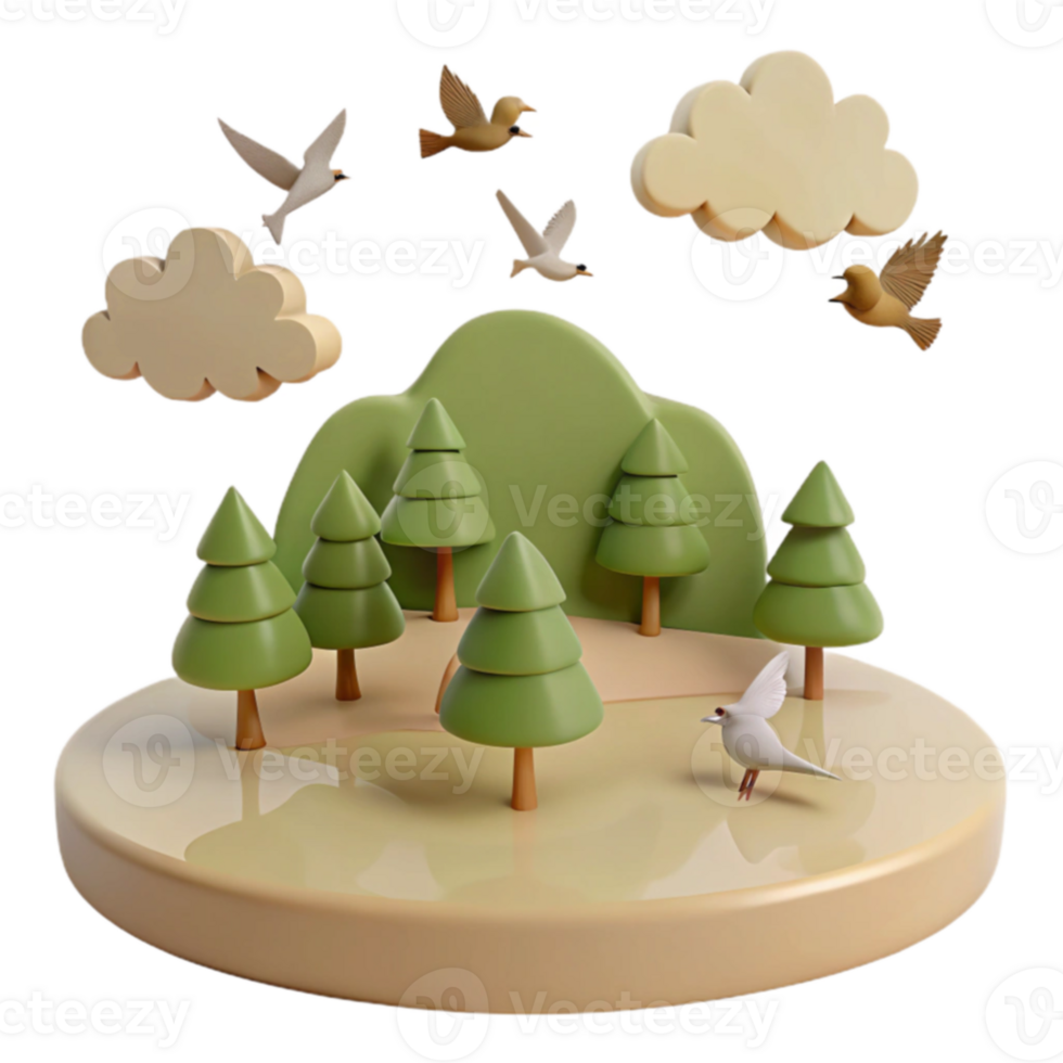 3D Rendered Nature Scene with Trees, Birds, and Clouds png