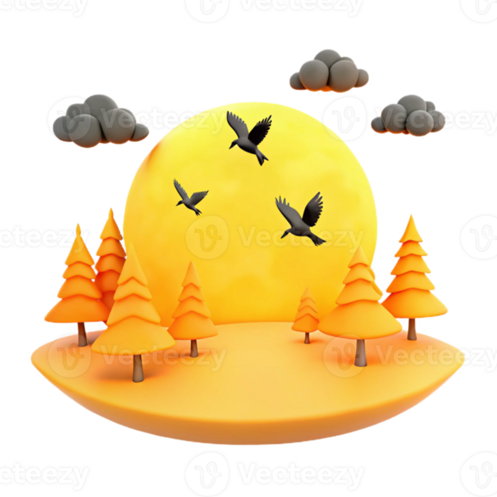3D Illustration of a Forest Scene with a Large Yellow Moon and Flying Birds png