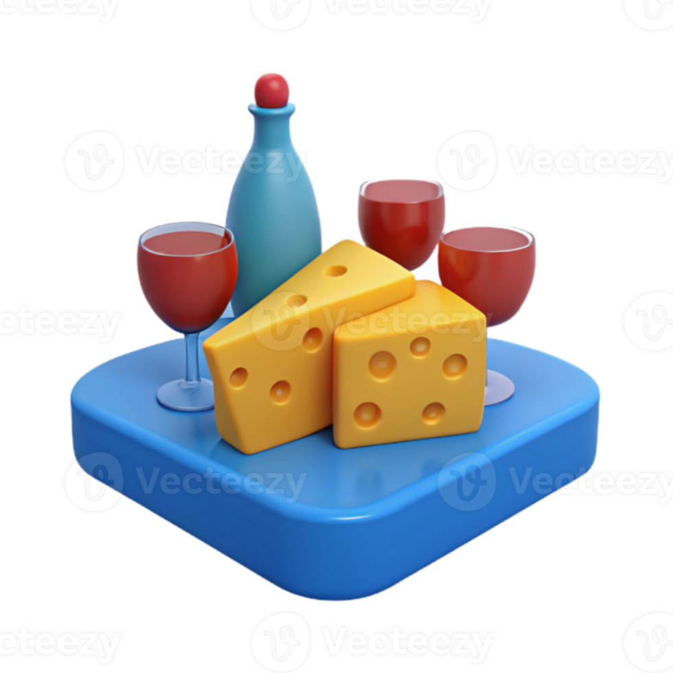 3D Render of Wine and Cheese on a Blue Tray png