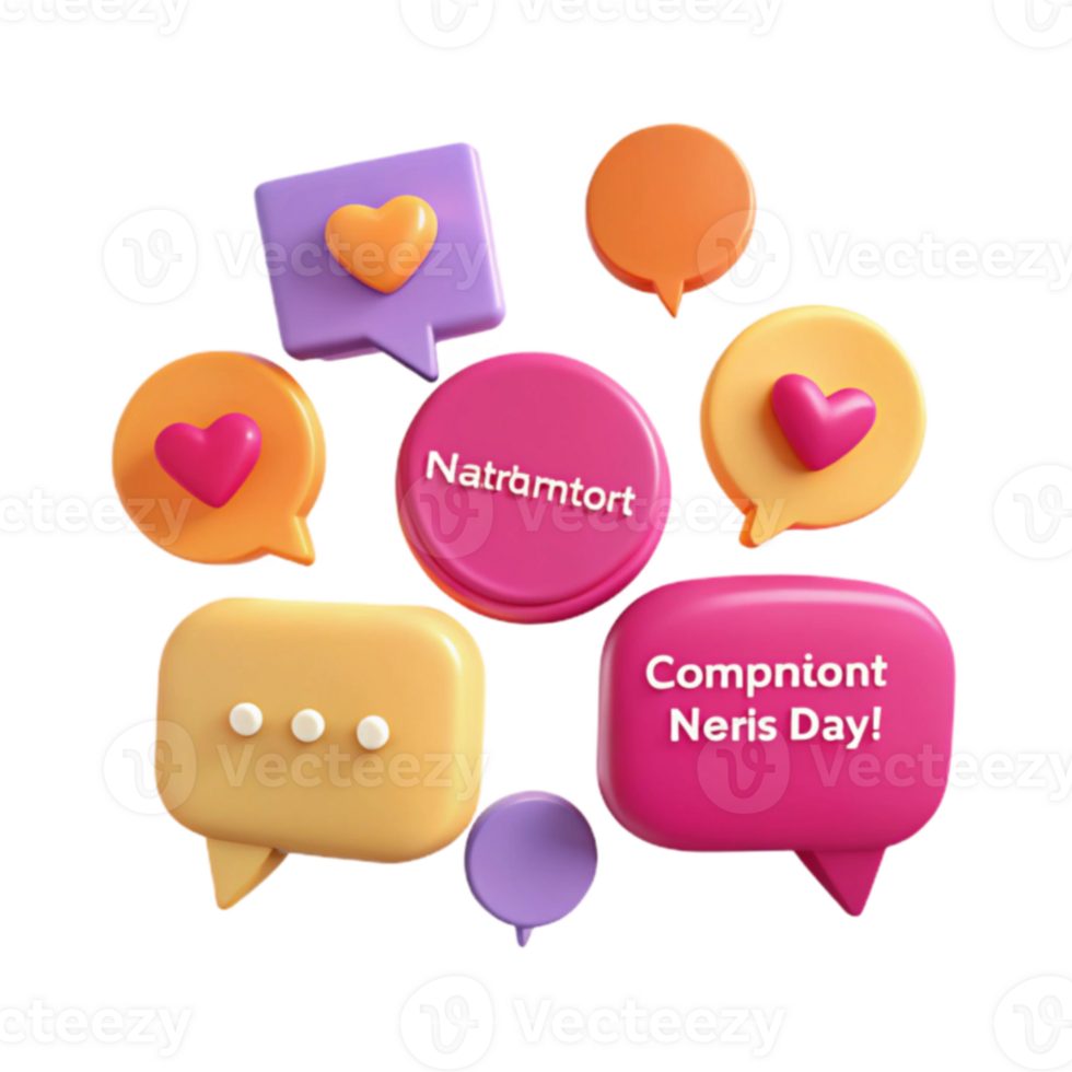 3D Rendered Speech Bubbles with Hearts and Dots png