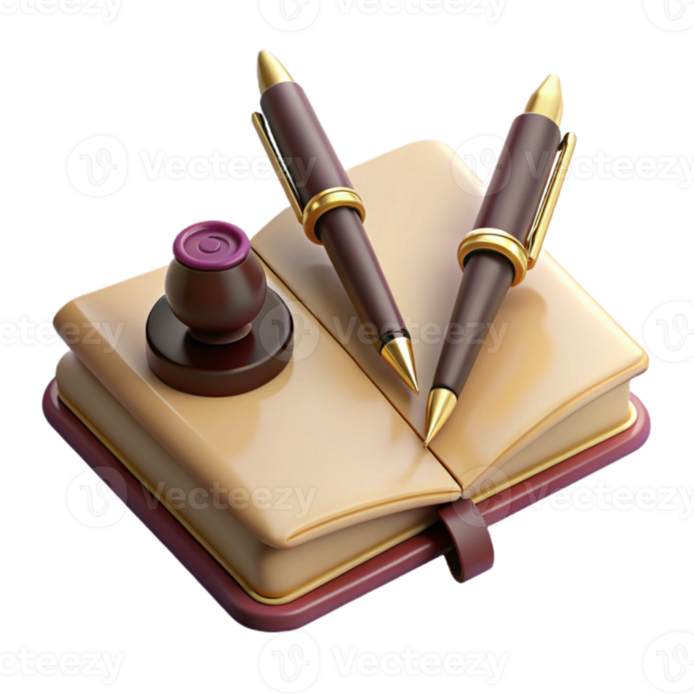 Open Book with Two Pens and a Stamp png