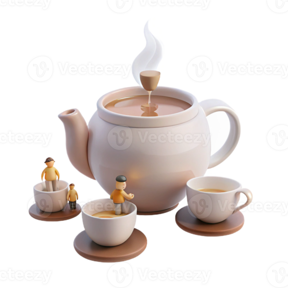 Tiny Figures Enjoying a Tea Party with a Steaming Teapot png